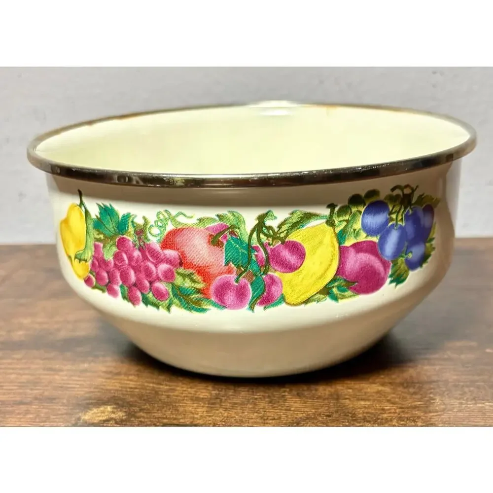 Vintage Metro Vitroceramic Metal Enamel Mixing Bowl Fruit & Floral Pattern 6.5”